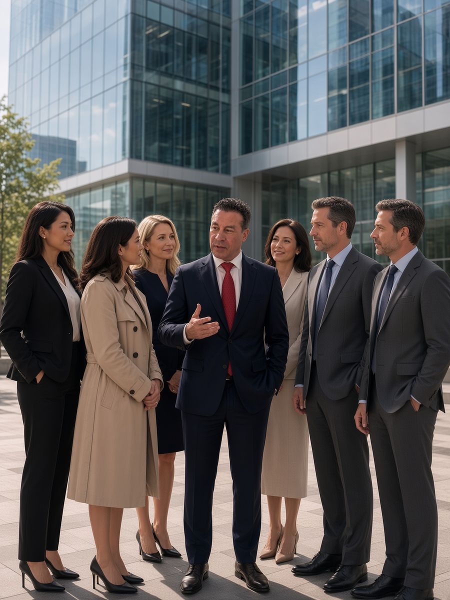 Professionals outside an office building